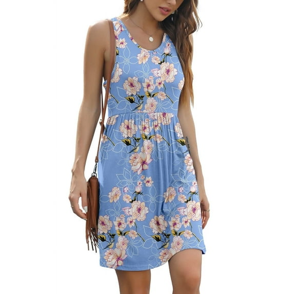 MLANM Womens Summer Sleeveless Casual Short Dress Floral Beach Swing Sundress with Pockets, 2XL Floral Light Blue