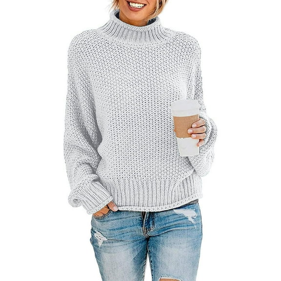 MLANM Womens Turtleneck Loose Sweaters Batwing Long Sleeve Pullover Tops Oversize Chunky Knit Jumper,2X-Large Light Grey