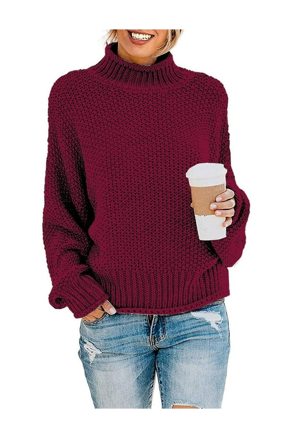 Womens Turtleneck Loose Sweaters Batwing Long Sleeve Pullover Tops Oversize Chunky Knit Jumper,2X-Large Wine Red