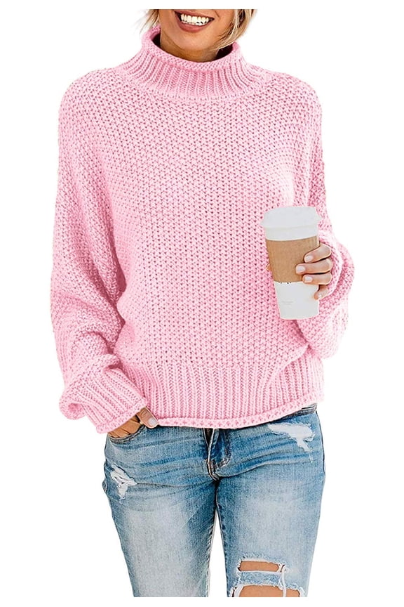 Womens Turtleneck Loose Sweaters Batwing Long Sleeve Pullover Tops Oversize Chunky Knit Jumper,Large Pink