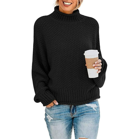 MLANM Womens Turtleneck Loose Sweaters Batwing Long Sleeve Pullover Tops Oversize Chunky Knit Jumper,Medium Black