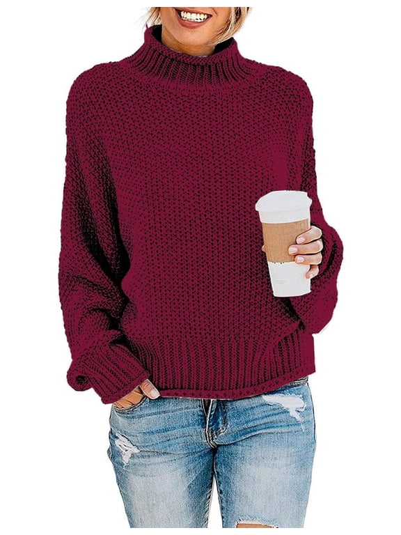 Womens Turtleneck Loose Sweaters Batwing Long Sleeve Pullover Tops Oversize Chunky Knit Jumper,Medium Wine Red