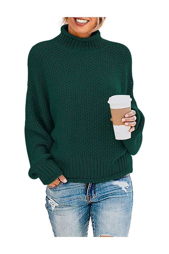 Womens Turtleneck Loose Sweaters Batwing Long Sleeve Pullover Tops Oversize Chunky Knit Jumper,Small Dark Green