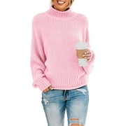 MLANM Womens Turtleneck Loose Sweaters Batwing Long Sleeve Pullover Tops Oversize Chunky Knit Jumper,Small Pink