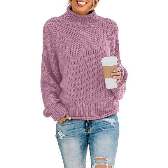 MLANM Womens Turtleneck Loose Sweaters Batwing Long Sleeve Pullover Tops Oversize Chunky Knit Jumper,Small Purple