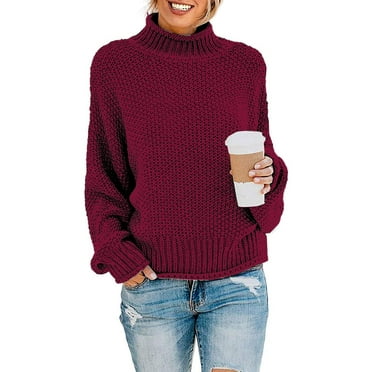 MLANM Womens Turtleneck Loose Sweaters Batwing Long Sleeve Pullover Tops Oversize Chunky Knit Jumper,X-Large Wine Red