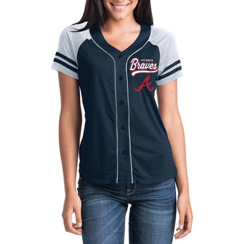 MLB Atlanta Braves Women's Short Sleeve Button Down Mesh Jersey 