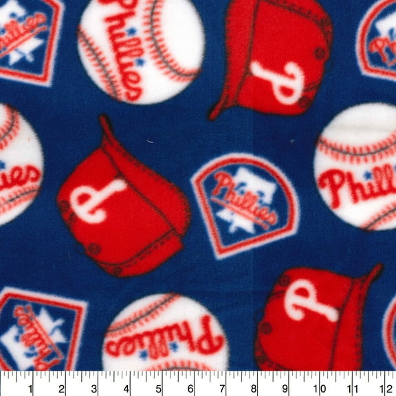 MLB Philadelphia Phillies 100% Polyester Fleece Fabric, 58" x 10 Yards, By the Bolt, Blue & Red