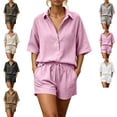 thumbnail image 1 of MLCDZ 2 Piece Outfits for Women Summer Casual Short Sleeve V Neck Button Down Tops Drawstring Wide Leg Loose Fit Vacation Shorts Set with Pockets, 1 of 10