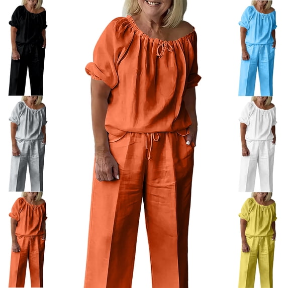 MLCDZ 2 Piece Sets For Women Summer Casual Crew Neck Short Sleeve Top and Loose Fit Wide Leg Drawstring Pants with Pockets Daiy Wear Vacation Outfits
