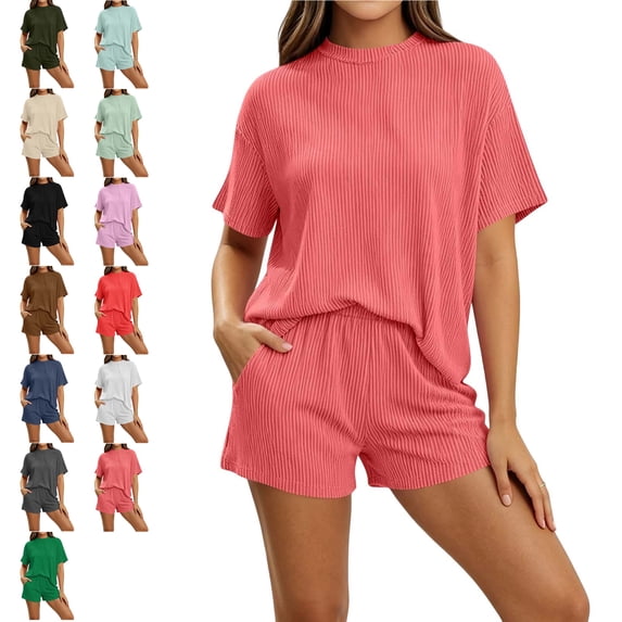 MLCDZ 2 Piece Sets for Women Matching Lounge Sets Summer Outfits Casual Loungewear Ribbed Loose Set Short Sleeve Crew Neck Top and Shorts with Pockets