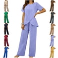 thumbnail image 1 of MLCDZ 2 Pieces Pants Suits for Women Dressy Short Sleeve Round Neck Tops and Loose Lightweight Pants Sets Ruffle Layered Formal Guest Outfit, 1 of 10