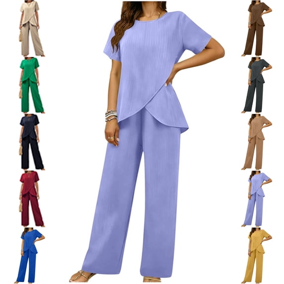 MLCDZ 2 Pieces Pants Suits for Women Dressy Short Sleeve Round Neck Tops and Loose Lightweight Pants Sets Ruffle Layered Formal Guest Outfit