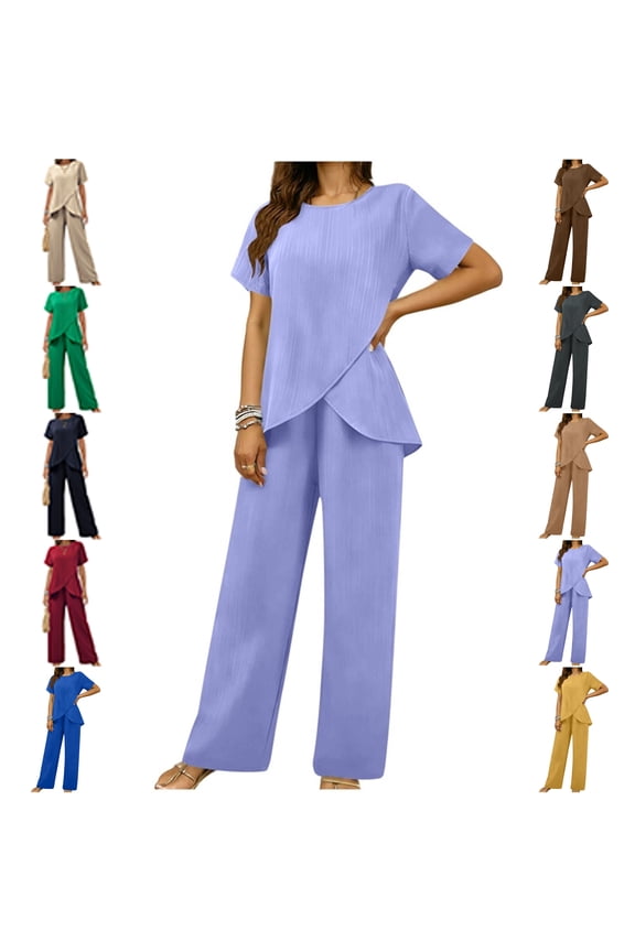 2 Pieces Pants Suits for Women Dressy Short Sleeve Round Neck Tops and Loose Lightweight Pants Sets Ruffle Layered Formal Guest Outfit