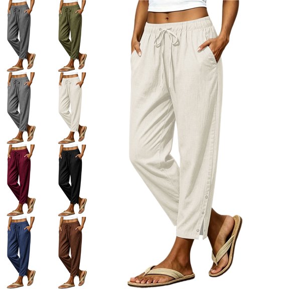 MLCDZ Barrel Pants for Women Drawstring High Waist Side Slits Cropped Wide Leg Casual Lightweight Summer Beach Vacation Travel Baggy Capris with Pockets