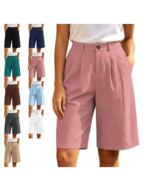 Bermuda Shorts for Women Summer Dressy Casual Lightweight Elastic High Waisted Wide Leg Knee Length Shorts with Pockets Office Work Hiking Short Pants