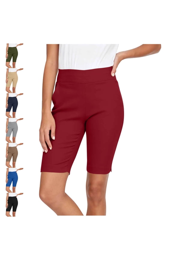 Bermuda Shorts for Women Elastic High Waist Pull On Stretch Jeggings Knee Length Side Slit Short Pants with Multiple Pockets