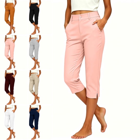 MLCDZ Capri Pants for Women Side Slits Elastic Waist Summer Lightweight Loose Vacation Golf Capris with Pockets Pull On Stretch Work Casual Dressy Slacks