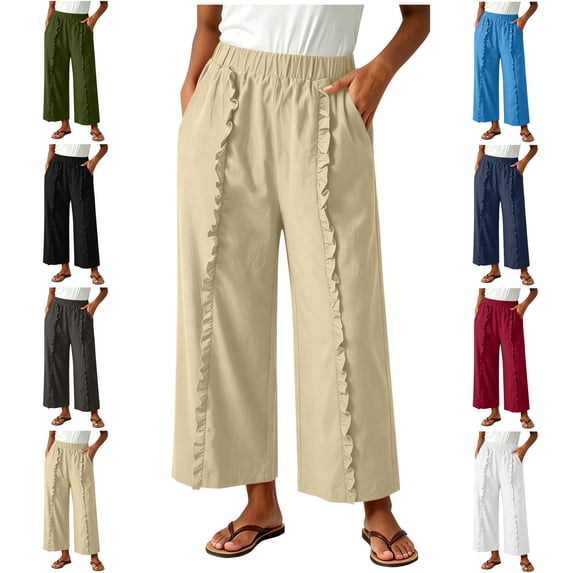 MLCDZ Capri Pants for Women Elastic High Waisted Wide Leg Cotton Linen Palazzo Capris Pull On Loose Flowy Beach Travel Cropped Pants