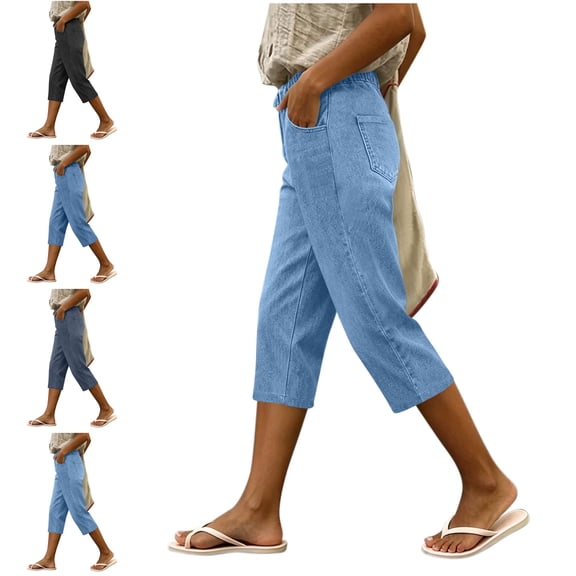 MLCDZ Capris Jeans for Women High Waisted Trendy Pull On Elastic Waist Split Hem Skinny Stretchy Denim Capri Pants with Multiple Pockets Beach Travel Capris