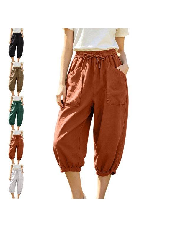 Capris Pants for Women Summer Casual Loose Drawstring Elastic High Waist Straight Capris with Pockets Lounge Beach Travel Cropped Trousers