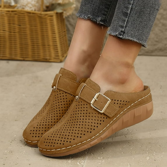MLCDZ Clogs for Women Mules Slip on: Closed Toe Sandals, Summer Shoes Dressy, Comfortable Walking Wedge Clogs with Adjustable Hook Loop Brown 41