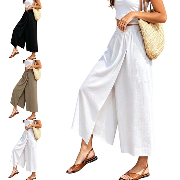 MLCDZ Culottes for Women Plus Size Wide Leg Capri Pants with Skirt Overlay Pockets Flowy Baggy Lightweight Palazzo Pant Summer Beach Vacation Pants