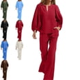 thumbnail image 1 of MLCDZ Elegant Cotton Linen 2 Piece Outfits for Women Long Puff Sleeve V Neck Blouse with Straight Leg Pants Business Casual Sets with Pockets, 1 of 7