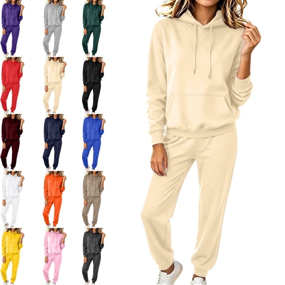 MLCDZ Fall Two Piece Sweatshirt Sets for Women Casual Long Sleeve Hooded Drawstring Hoodies and Elastic Cuff Sweatpants with Pockets Lounge Matching Set