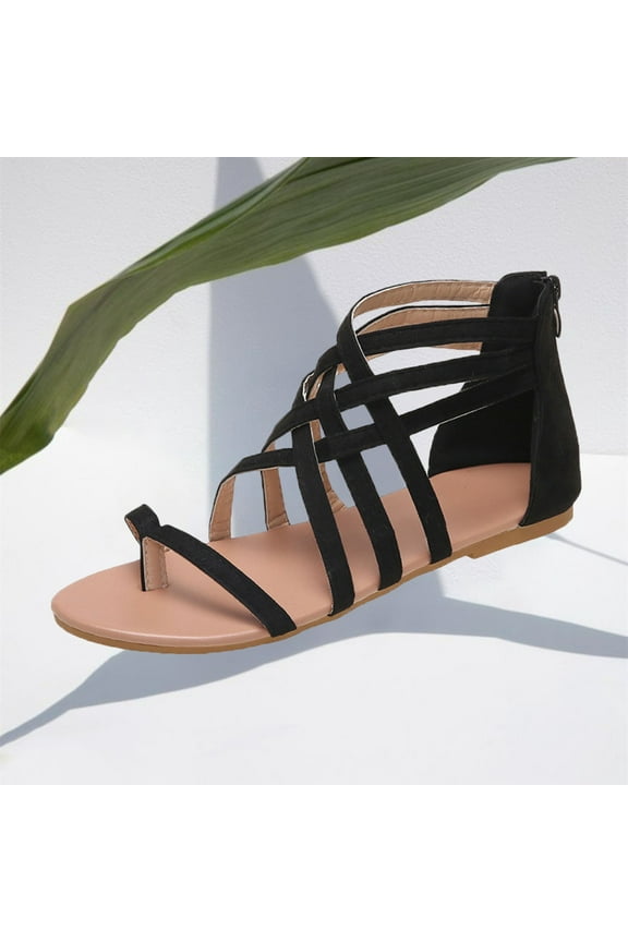 Flat Sandals for Women Zipper Back Ankle Strap Beach Open Toe Breathable Sandals Flip Flops Summer Shoes Black 37