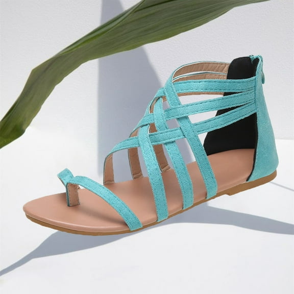 MLCDZ Flat Sandals for Women Zipper Back Ankle Strap Beach Open Toe Breathable Sandals Flip Flops Summer Shoes Sky Blue 35