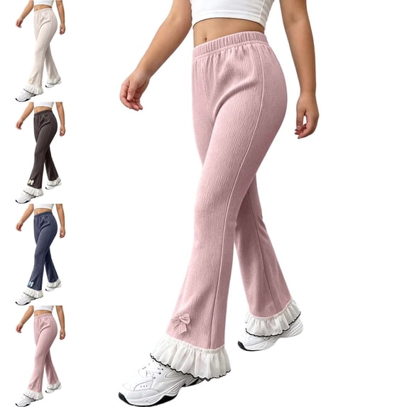 MLCDZ Girl Knitted Flare Leg Pants Lacework Elastic Waist Bell Bottoms Fit Casual Lightweight Stretch Trousers Girls Flare Leggings Back to School Pants