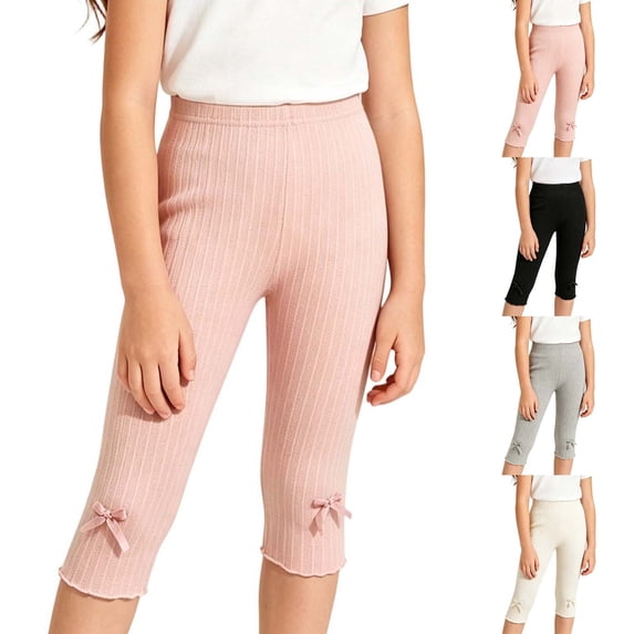 MLCDZ Girls Capri Leggings Cute Ribbed Soft Tights Capris High Elastic Waist Bow Tie Bottoms Slim Fit Soft Daily School Dance Cropped Pants