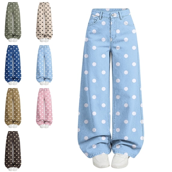 MLCDZ Girls Polka Dot Wide Leg Jeans Denim Elastic Waisted Stretchy Baggy Denim Pants Loose Casual Lightweight Go to School Holiday Trousers with Pockets
