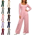 thumbnail image 1 of MLCDZ Long Sleeve Jumpsuit for Women Fall Casual Lightweight One Piece Square Neck Wide Leg Pants Workout Gym Golf Romper With Pockets, 1 of 5