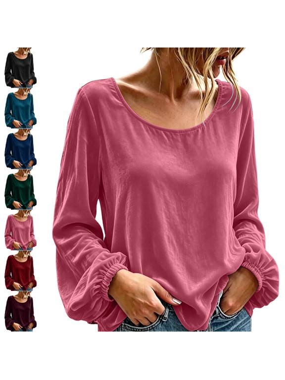 Long Sleeve Shirts for Women Velour Fall Bubble Sleeve Crew Neck Casual Loose Tops Casual Lightweight Workout Blouses