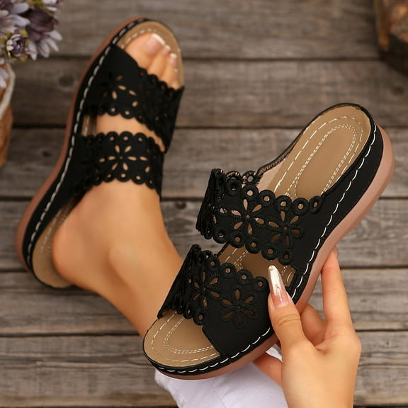 MLCDZ Orthopedic Wedge Sandals for Women Summer Dressy 2025 Flat Open Toe Platform Sandals Casual Boho Flower Hollow Slip on Sandals Beach Sandals Dress Shoes Comfortable Outdoor Shoes Black 38