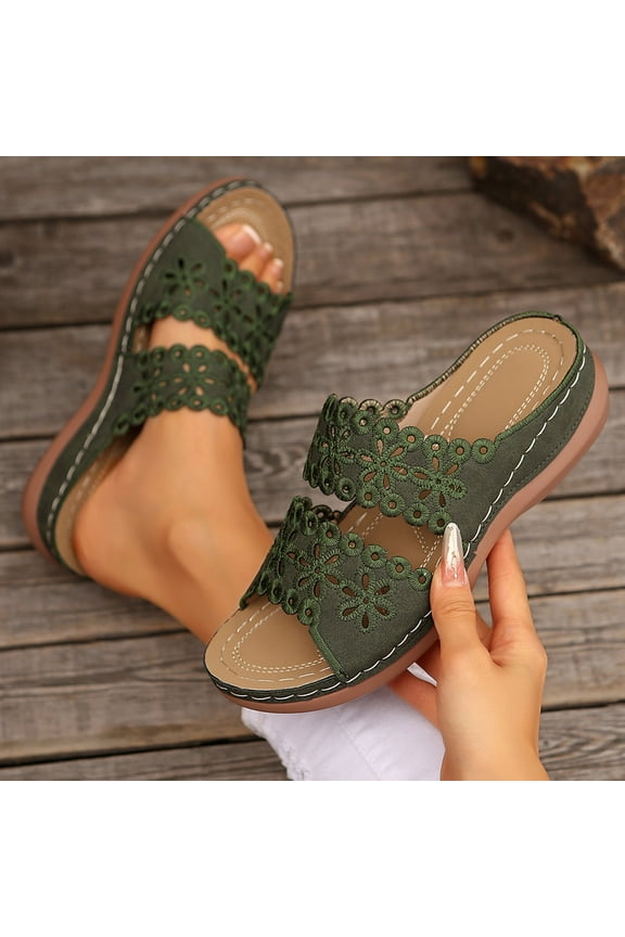 Orthopedic Wedge Sandals for Women Summer Dressy 2025 Flat Open Toe Platform Sandals Casual Boho Flower Hollow Slip on Sandals Beach Sandals Dress Shoes Comfortable Outdoor Shoes Green 38