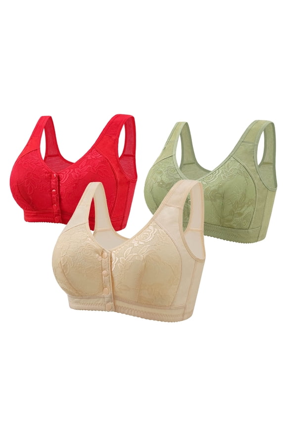Pack of 3Pcs Front Closure Daisy Bras for Older Women Trendy 2025 Comfortable no Underwire Bras Plus Size Full Coverage Cotton Bra 3Pcs-Multicolor#15 48