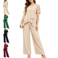 thumbnail image 1 of MLCDZ Plus Size Mother of Bride Pant Suits 2 Piece Chiffon Sets Round Neck Short Sleeves Top and Flowy Baggy Pants Ruffle Layers Wedding Guest Outfit, 1 of 7