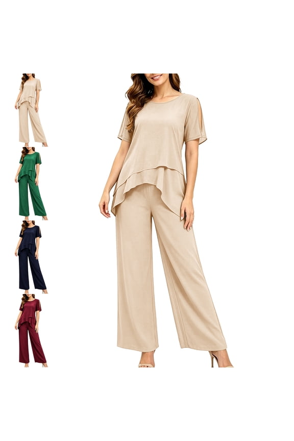 Plus Size Mother of Bride Pant Suits 2 Piece Chiffon Sets Round Neck Short Sleeves Top and Flowy Baggy Pants Ruffle Layers Wedding Guest Outfit