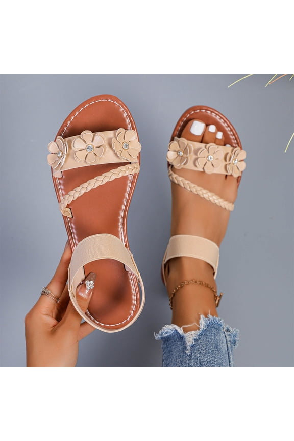 Sandals for Women Flat Dressy: Summer Flower Sandals with Ankle Strap Comfortable Casual Walking Flat Sandals Khaki 37