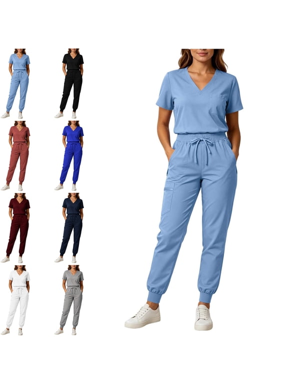 Scrubs for Women Set Stretch Short Sleeves V-Neck Jogger Pant Multiple Pockets Workwear Slim Fit Nurses Clinics Long Shifts Daily Medical Uniforms