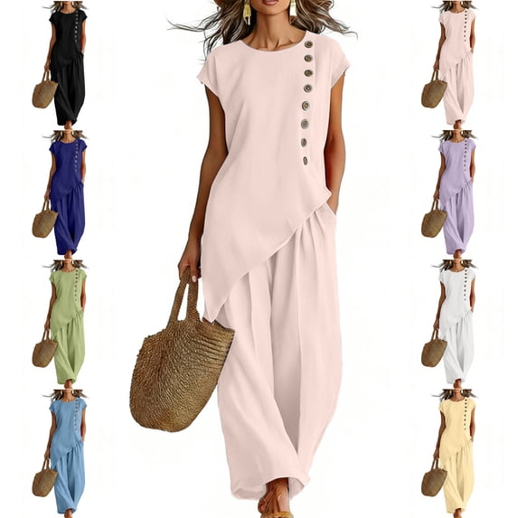 MLCDZ Sets for Women 2 Piece Button Round Neck Short Sleeves Tops and Wide Leg Loose Fit Pants Set Matching Beach Vacation Outfit with Pockets