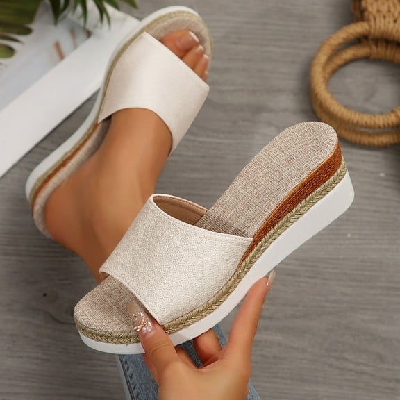 MLCDZ Slip On Wedge Sandals for Women, Open Toe Resort Platform Sandals Comfortable Beach Sandals Slide Espadrilles Wedges Dressy Summer Sandals Beige 38
