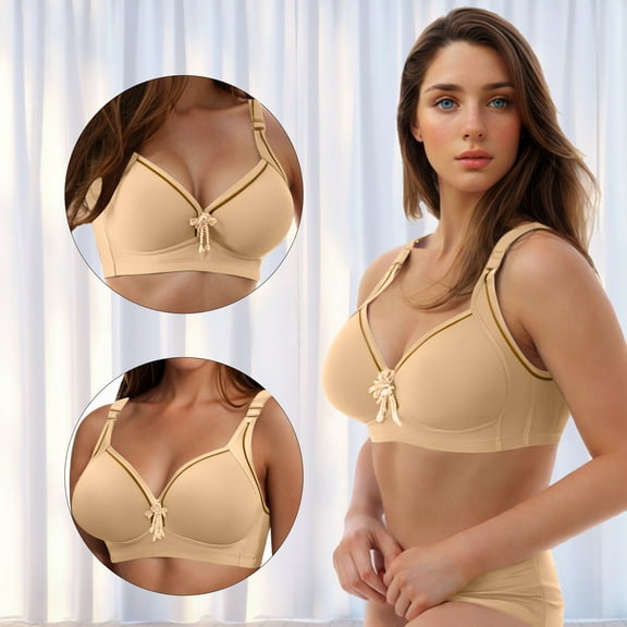MLCDZ Sports Bras for Women No Underwire Push up Bras Full Coverage Padded Lace Bralettes with Support Plus Size Daily Bras Beige L
