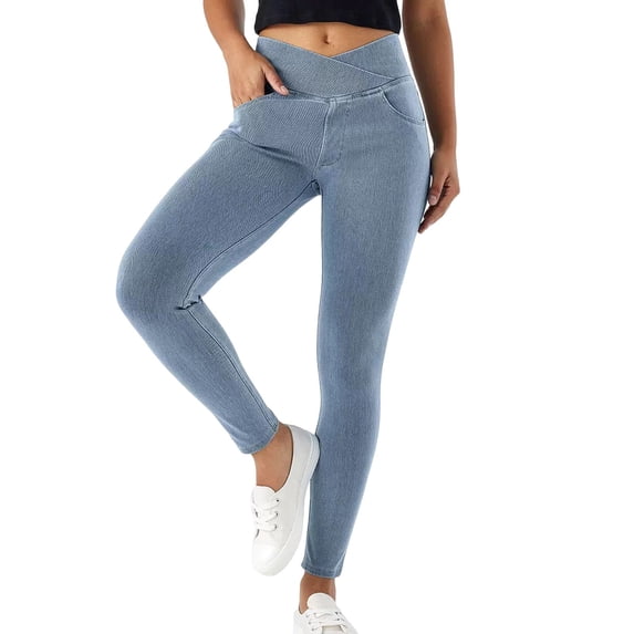 MLCDZ Stretchy Jeans for Women Solid Color Trendy High Waist Pull on Jeggings Yoga Jeans with Pockets for Daily Wear Light Blue S
