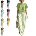 thumbnail image 1 of MLCDZ Striped Two Piece Sets for Women Plus Size Casual Round Neck Short Sleeves Shirt and Classic Striped Wide Leg Pants Outfit with Pockets Matching Set, 1 of 7