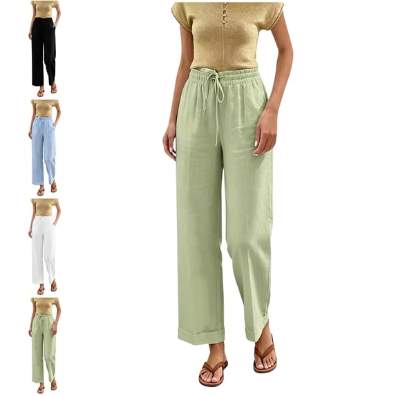 MLCDZ Summer Women Cotton Linen Drawstring Pants Casual High Waist Comfy Lightweight Loose Gauze Pants with Pockets Beach Trousers