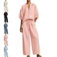 thumbnail image 1 of MLCDZ Two Piece Outfits for Women Zip Front Round Neck Short Sleeves Top Wide Leg Drawstring Pockets Pants Set Summer Matching Set Loose Fit Tracksuit, 1 of 7